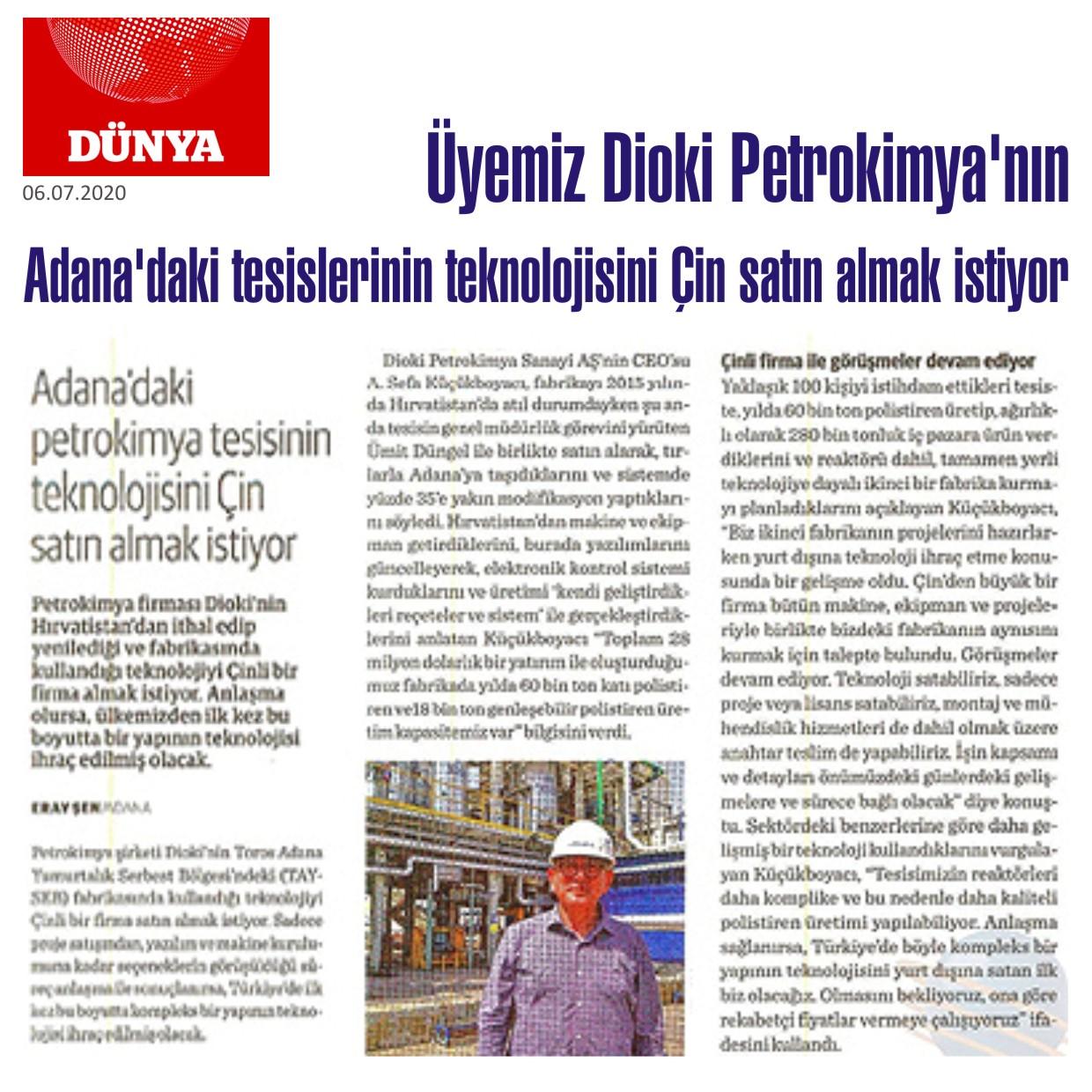 Üyemiz Dioki Petrokimya'nın Adana’daki Tesislerinin Teknolojisini Çin Satın Almak İstiyor